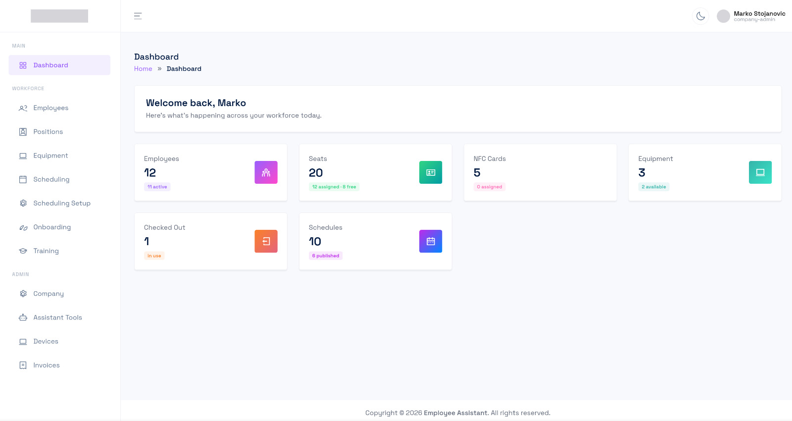 Employee Assistant — company admin dashboard with employees, seats, NFC cards and schedules