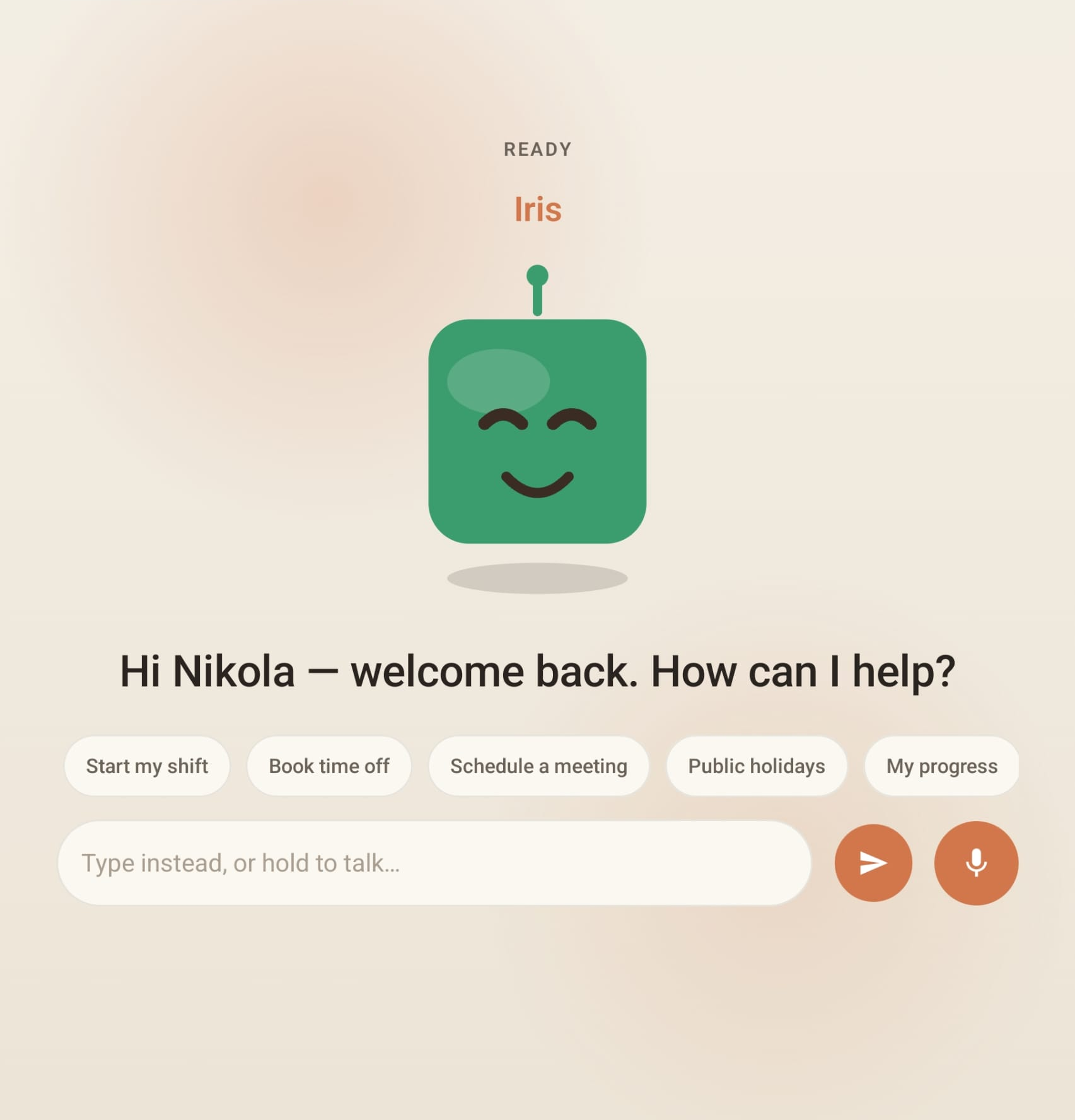 Iris kiosk — awake, greeting an employee after an NFC tap