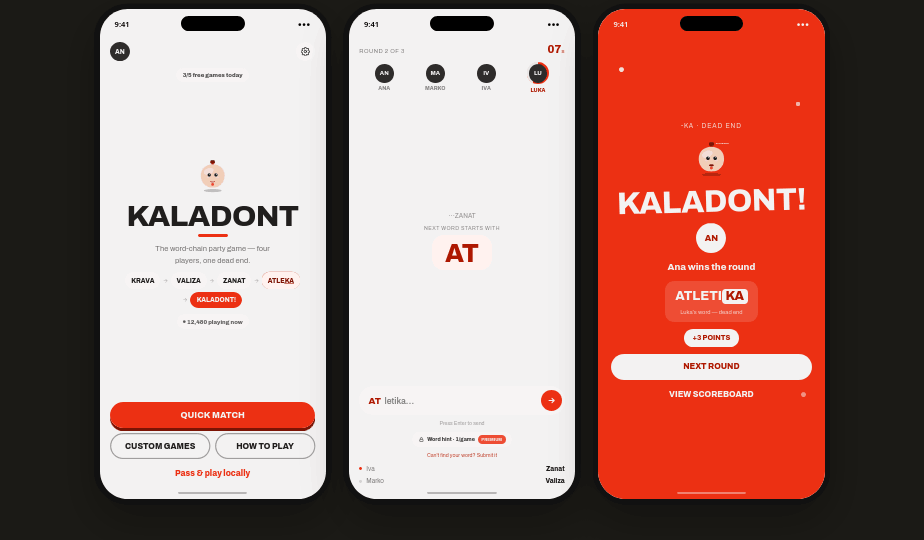 Kaladont mobile app — home screen, live gameplay and the KALADONT! winning moment